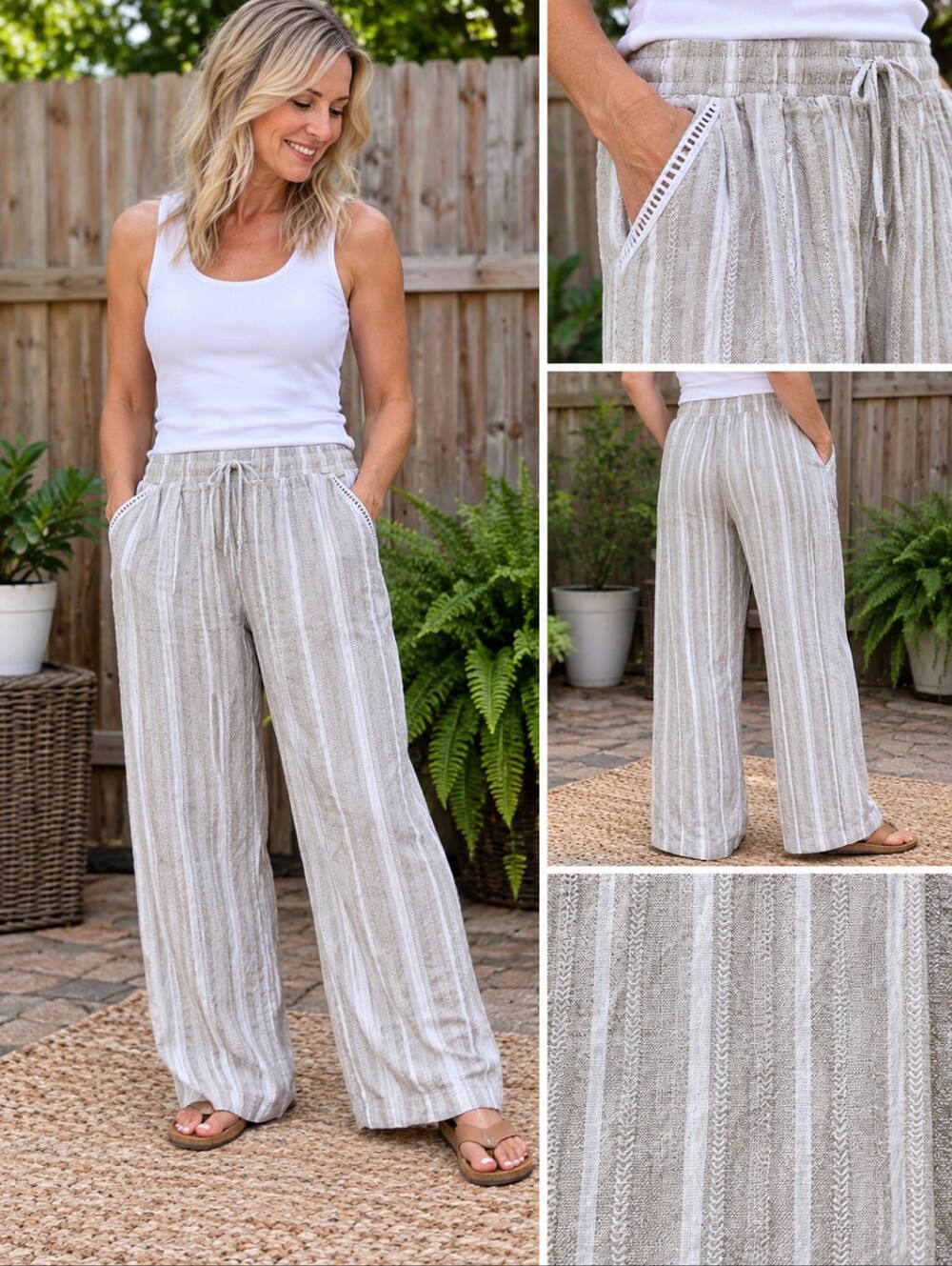 BIGGS Women’s XL Beige White Striped Wide Leg Linen Pants